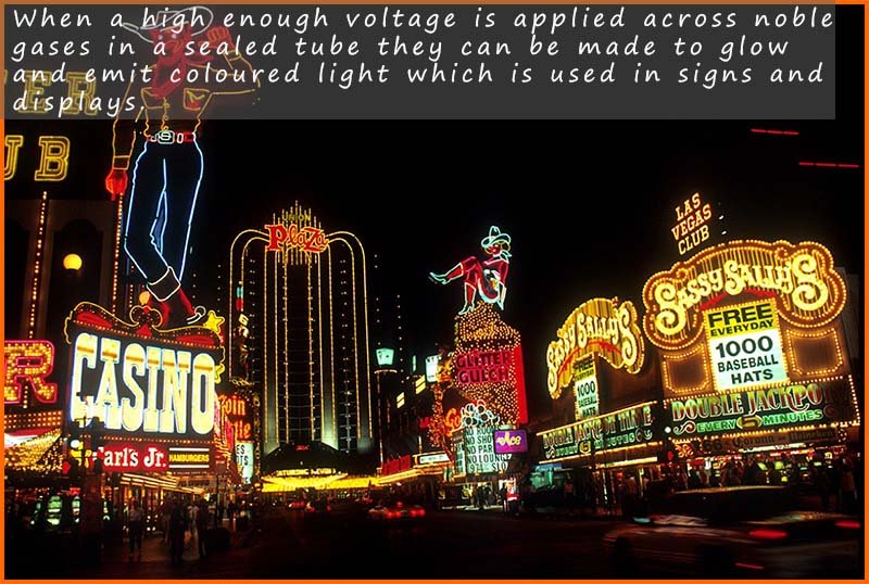 Las Vegas lights contain noble gases which glow when a high voltage is applied to them- Noble gases are used in many types of lights